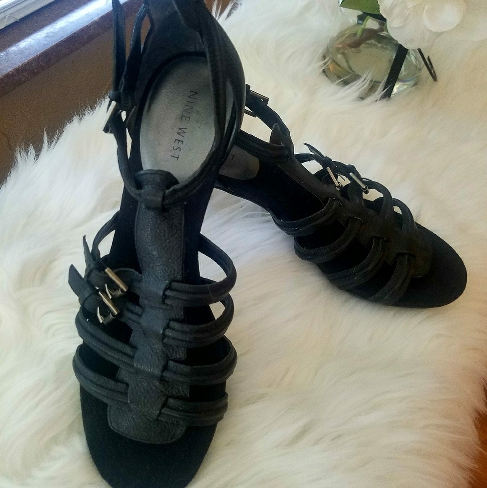 Nine West Black Leather Cage Heels - Picture 2 of 4